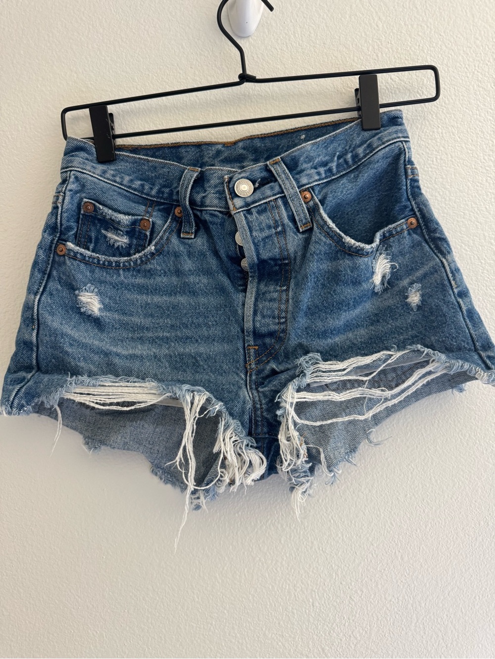 Levi's Distressed High-Waist Blue Denim Shorts size 24 button-fly closure